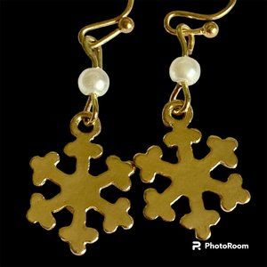 Snowflake Earrings Gold Plated Pearl White Glass Beads Christmas Winter Snow